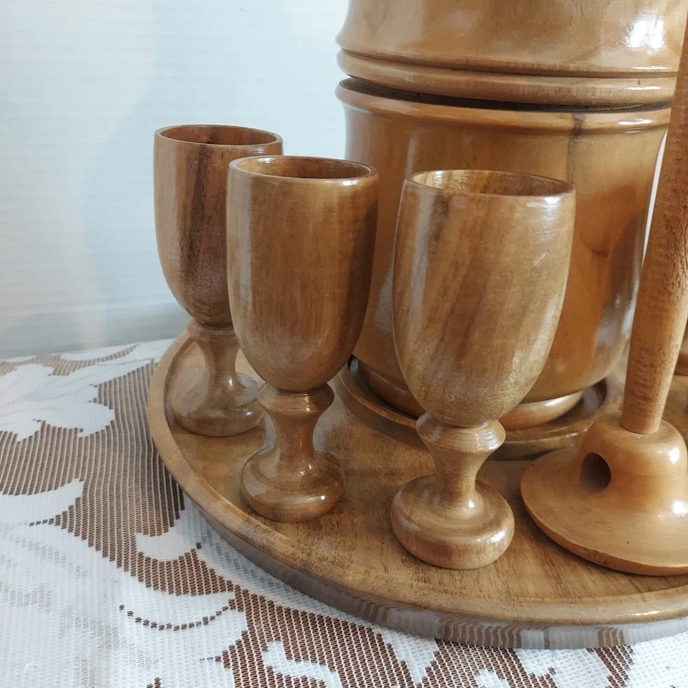 Vintage Hand Turned Wood Decanter Set 6 Goblets Tray Mid Century Modern Barware